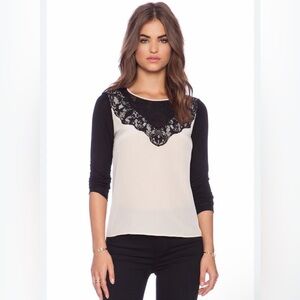 DVF Diane Von Furstenberg Nadia Lace Panel Silk Top Blouse Pebble Black $298